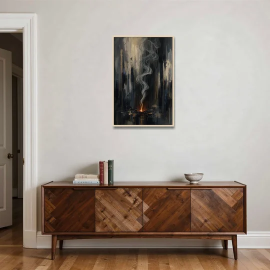 Moody Abstract Painting of Rising Smoke - Oak Framed Canvas Wall Art - Coffee Table - 24x36