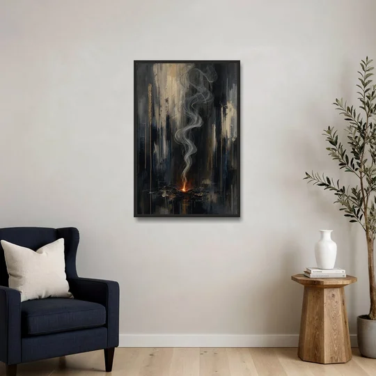 Moody Abstract Painting of Rising Smoke - Black Framed Canvas Wall Art - Sofa - 24x36