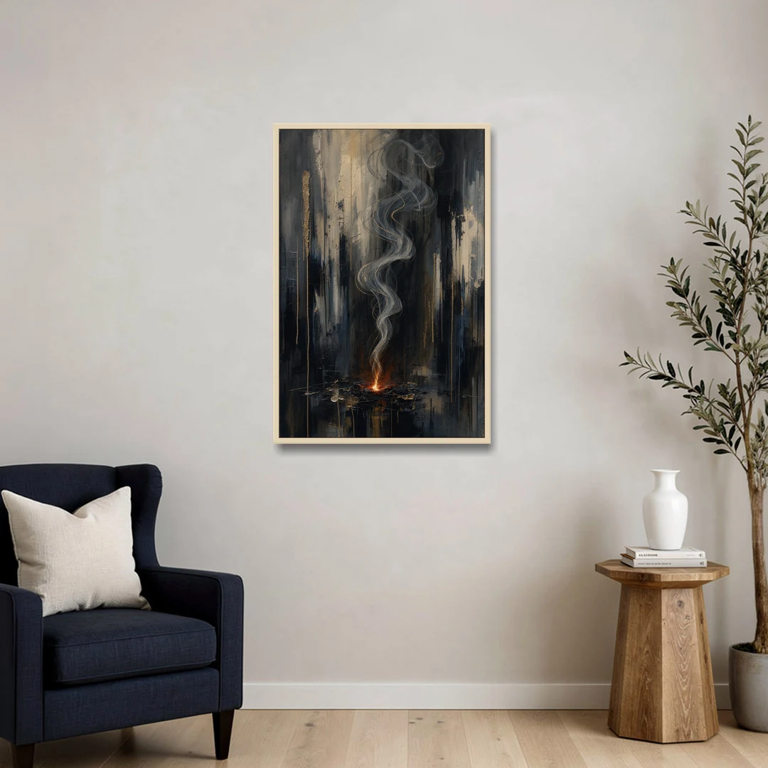 Moody Abstract Painting of Rising Smoke - Oak Framed Canvas Wall Art - Sofa - 24x36