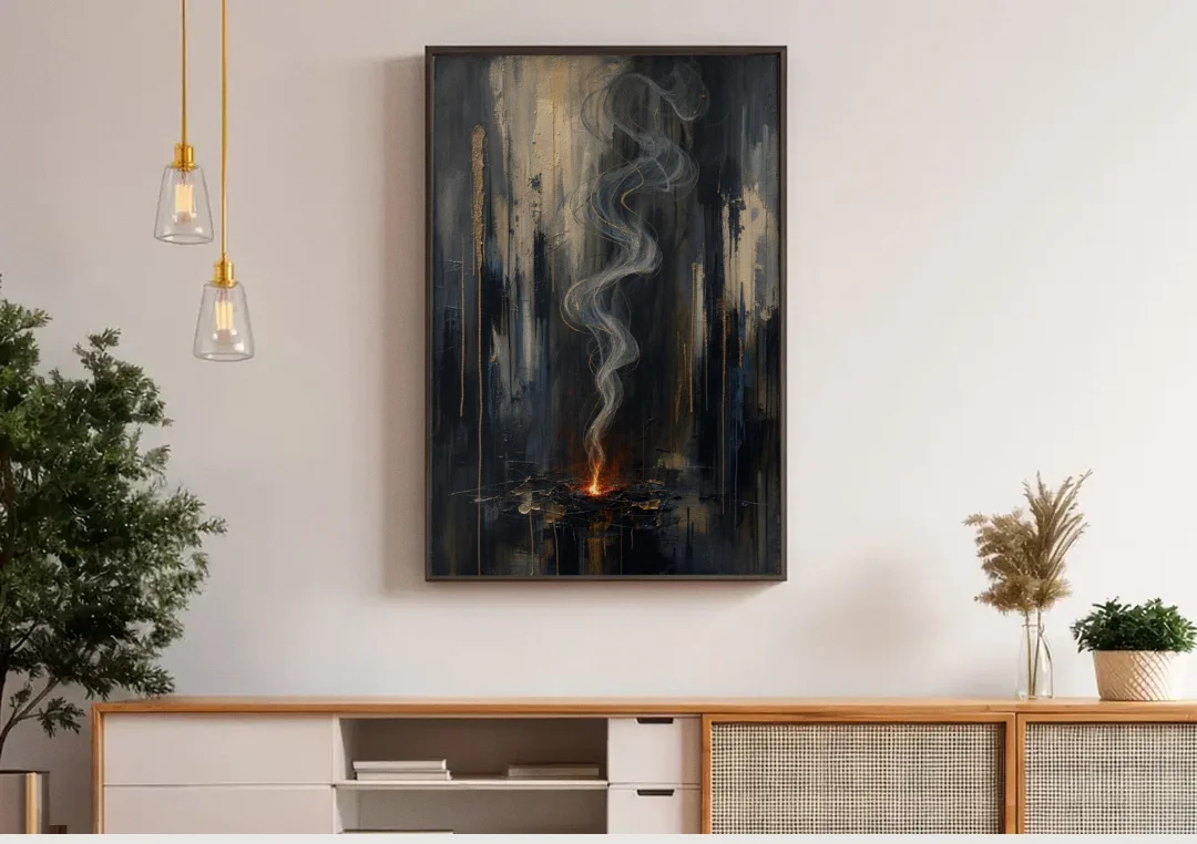 Moody Abstract Painting of Rising Smoke canvas wall art above a wooden sideboard under pendant lights