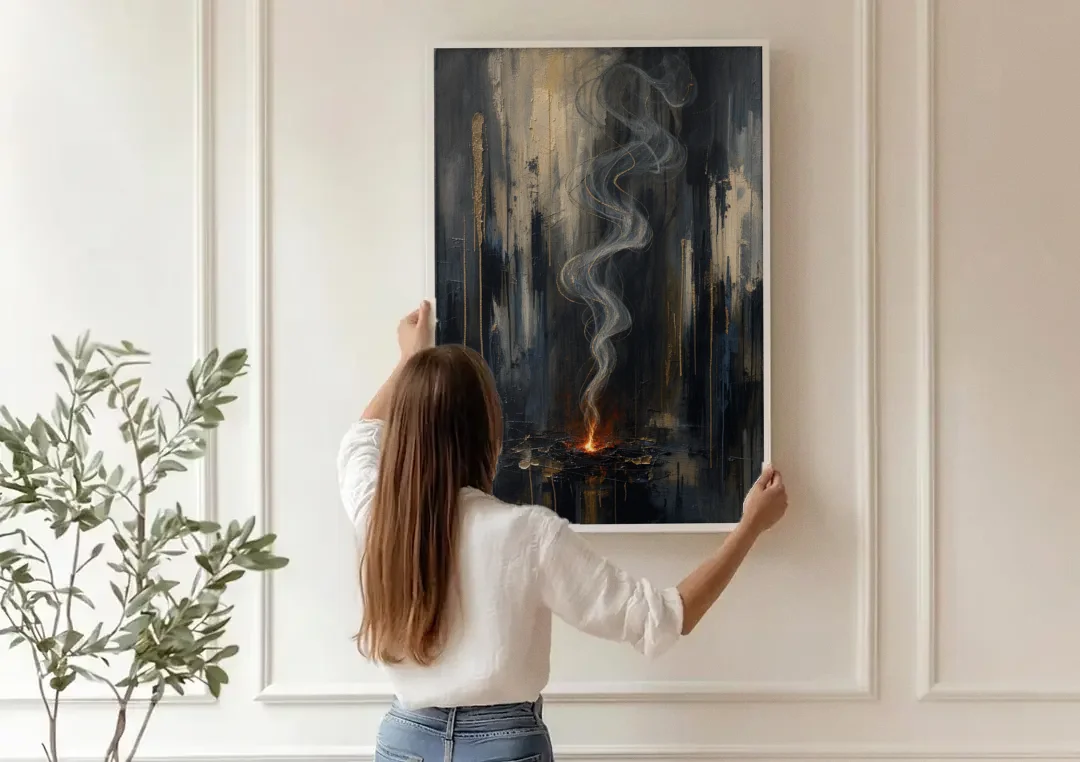 Moody Abstract Painting of Rising Smoke canvas wall art being hung on a paneled wall