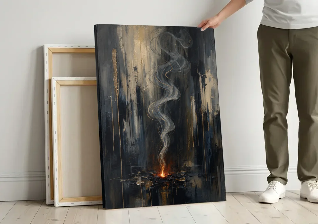Moody Abstract Painting of Rising Smoke canvas wall art leaning against a wall next to blank canvases