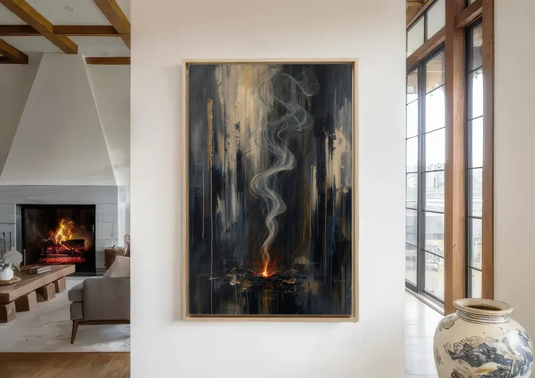 Moody Abstract Painting of Rising Smoke canvas wall art in a living room with a fireplace