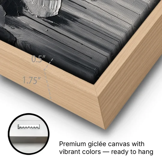 Moody Abstract Storm Tear in Charcoal Impasto - Oak Framed Canvas Wall Art - Gallery Wrap Corner