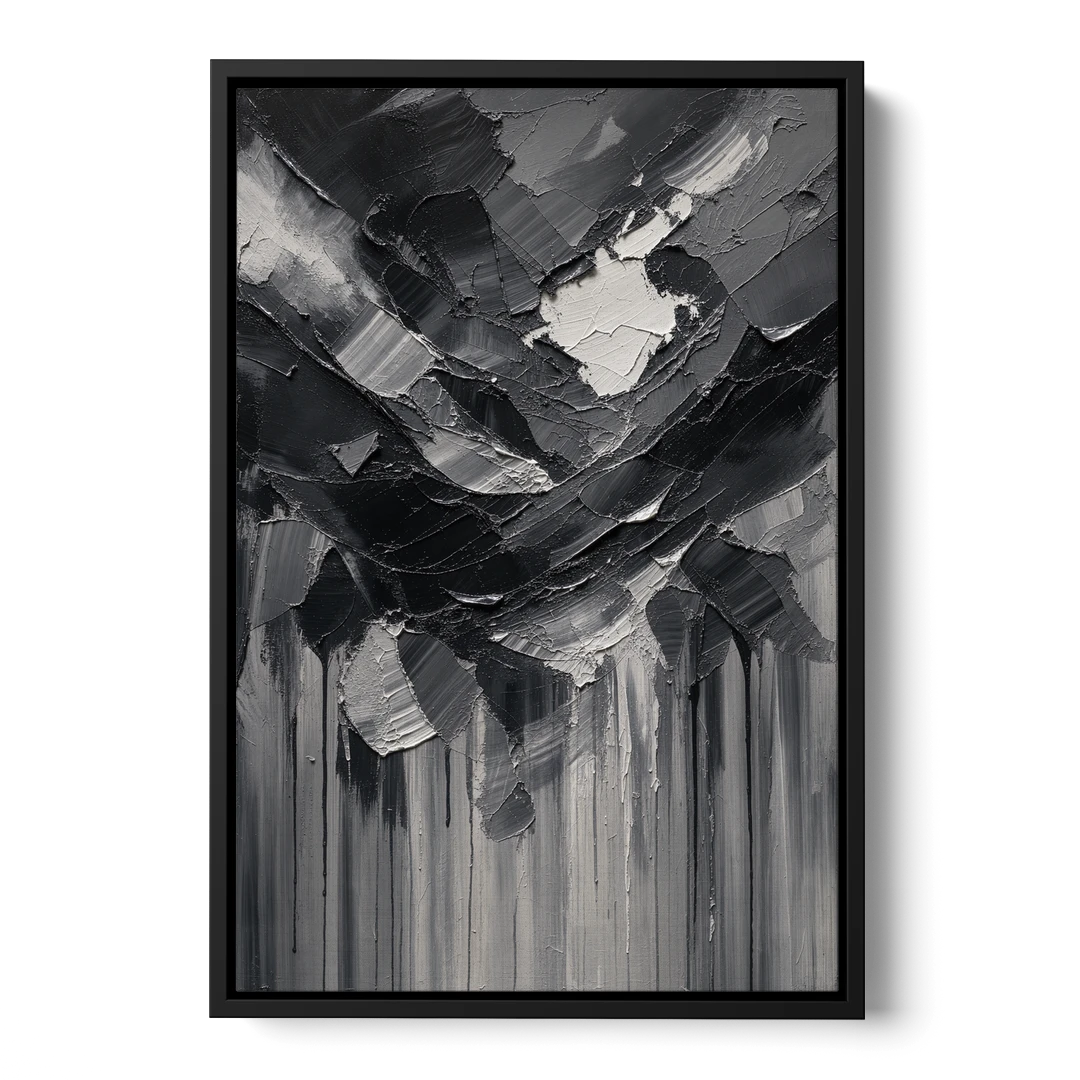 Moody Abstract Storm Tear in Charcoal Impasto - Black Framed Canvas Wall Art - Front