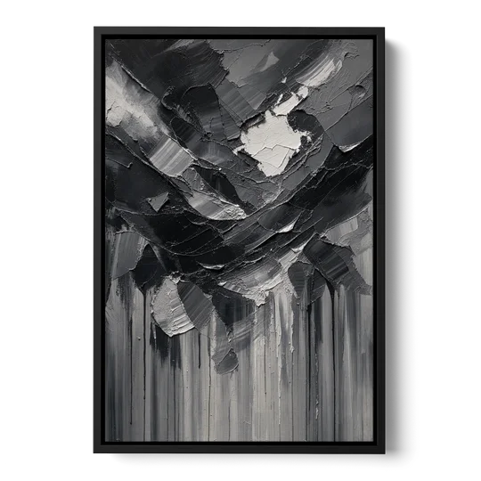 Moody Abstract Storm Tear in Charcoal Impasto - Black Framed Canvas Wall Art - Front