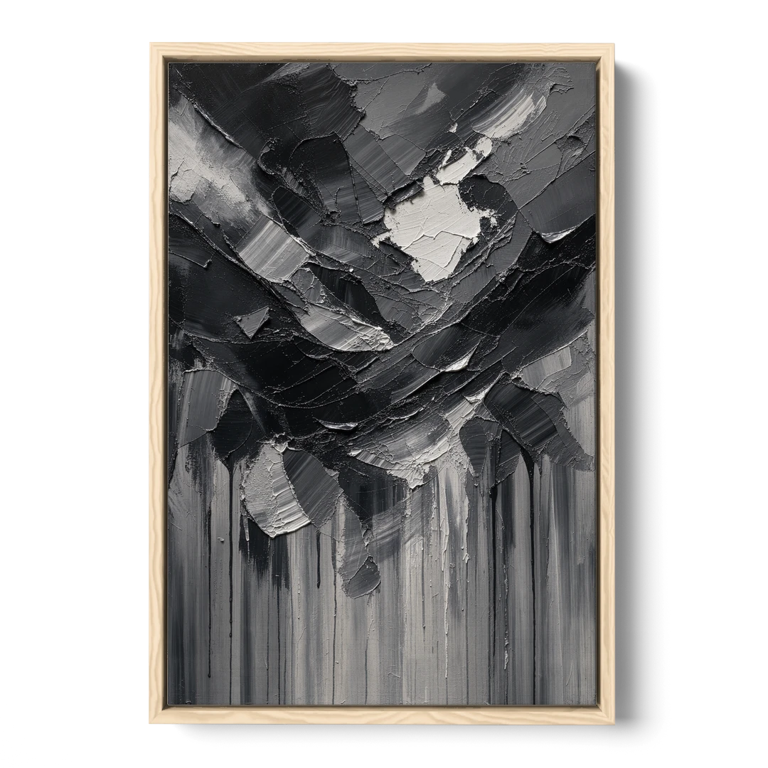 Moody Abstract Storm Tear in Charcoal Impasto - Oak Framed Canvas Wall Art - Front