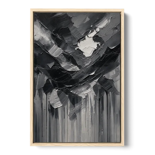 Moody Abstract Storm Tear in Charcoal Impasto - Oak Framed Canvas Wall Art - Front