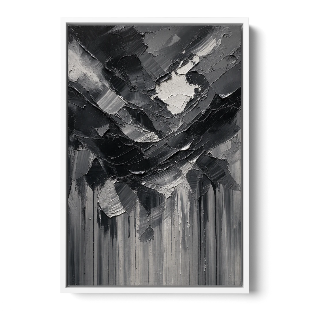 Moody Abstract Storm Tear in Charcoal Impasto - White Framed Canvas Wall Art - Front