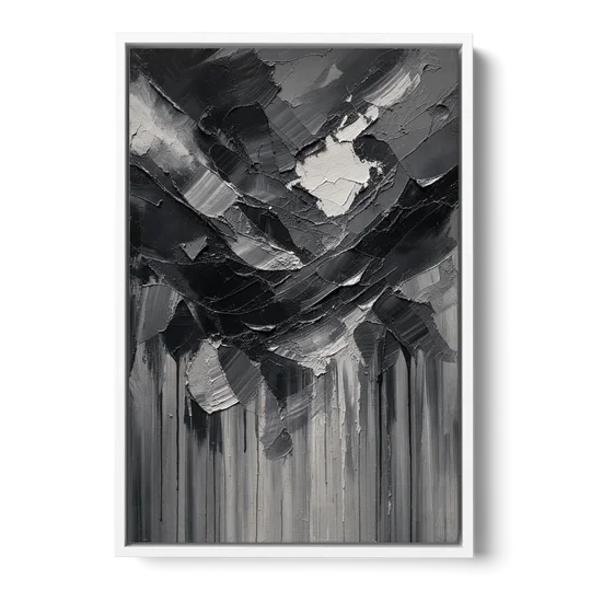 Moody Abstract Storm Tear in Charcoal Impasto - White Framed Canvas Wall Art - Front
