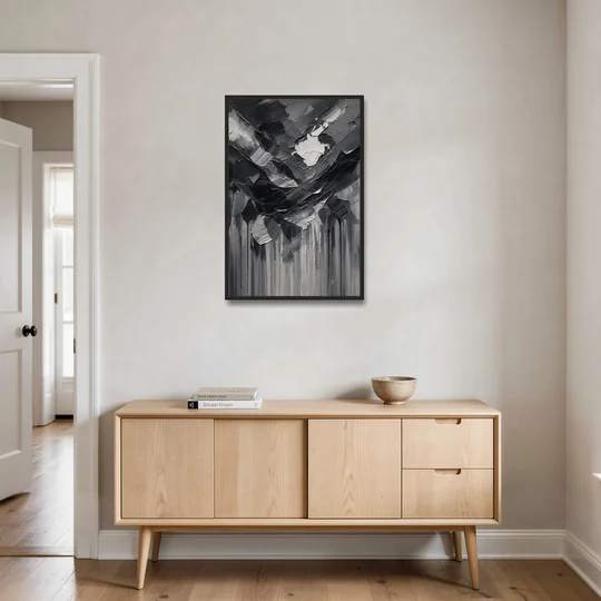 Moody Abstract Storm Tear in Charcoal Impasto - Black Framed Canvas Wall Art - Coffee Table - 24x36