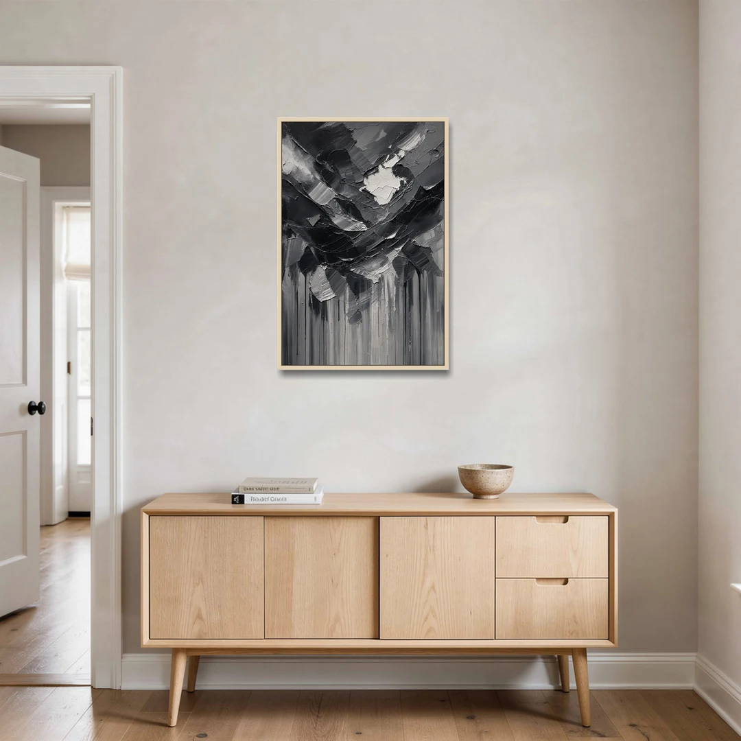 Moody Abstract Storm Tear in Charcoal Impasto - Oak Framed Canvas Wall Art - Coffee Table - 24x36