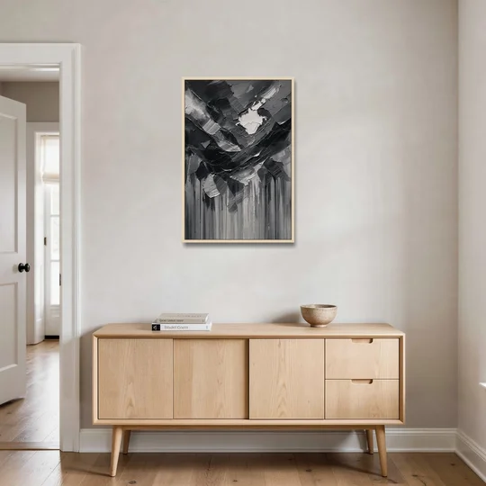 Moody Abstract Storm Tear in Charcoal Impasto - Oak Framed Canvas Wall Art - Coffee Table - 24x36