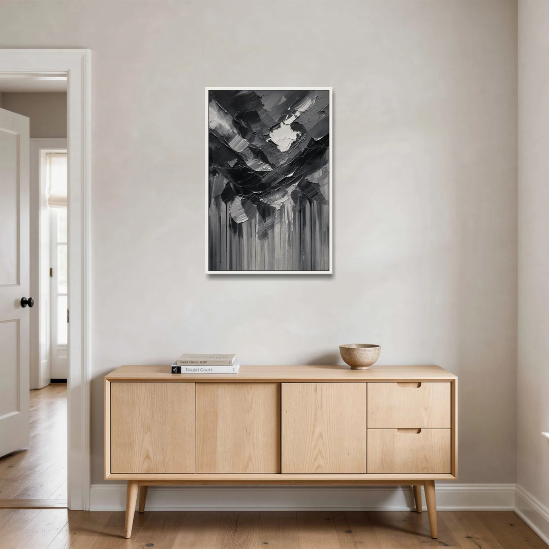 Moody Abstract Storm Tear in Charcoal Impasto - White Framed Canvas Wall Art - Coffee Table - 24x36