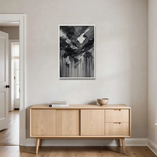 Moody Abstract Storm Tear in Charcoal Impasto - White Framed Canvas Wall Art - Coffee Table - 24x36