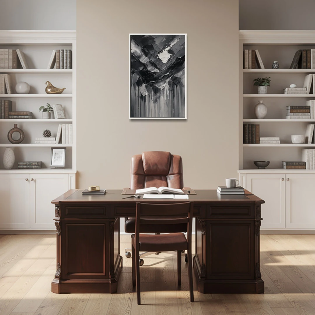 Moody Abstract Storm Tear in Charcoal Impasto - White Framed Canvas Wall Art - Office - 24x36
