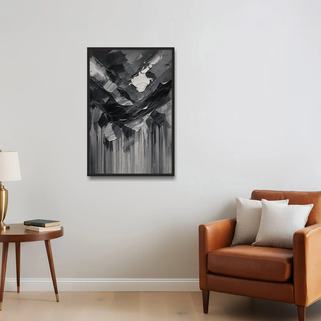 Moody Abstract Storm Tear in Charcoal Impasto - Black Framed Canvas Wall Art - Sofa - 24x36