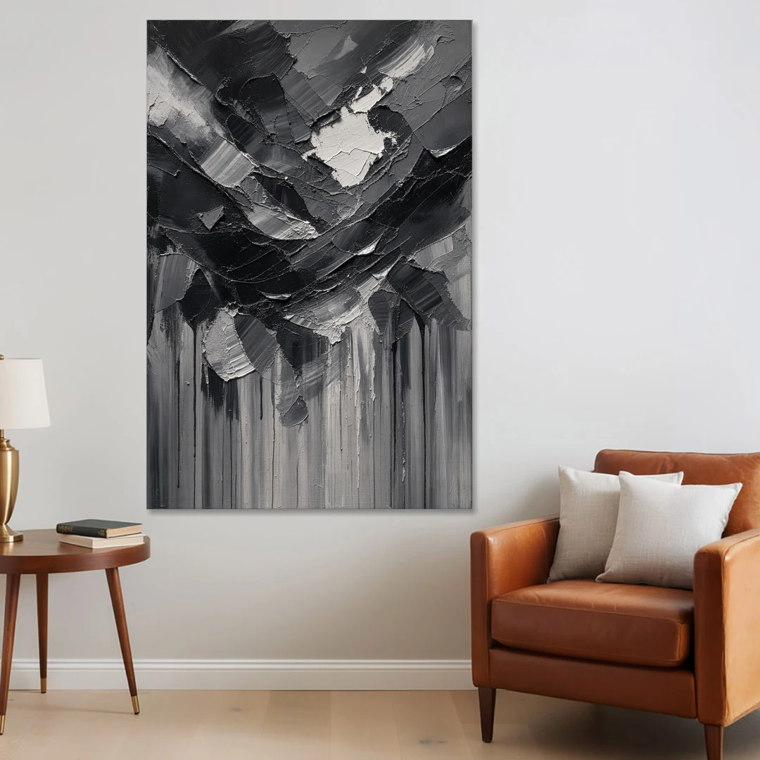 Moody Abstract Storm Tear in Charcoal Impasto - Canvas Wall Art - Sofa - 40x60