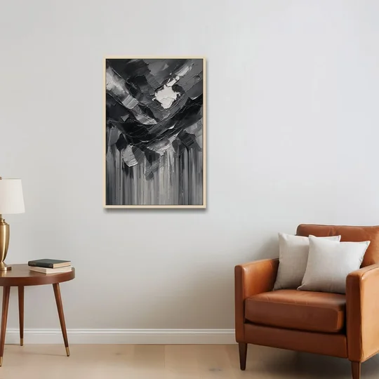 Moody Abstract Storm Tear in Charcoal Impasto - Oak Framed Canvas Wall Art - Sofa - 24x36