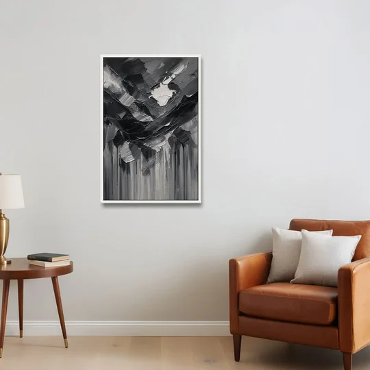 Moody Abstract Storm Tear in Charcoal Impasto - White Framed Canvas Wall Art - Sofa - 24x36