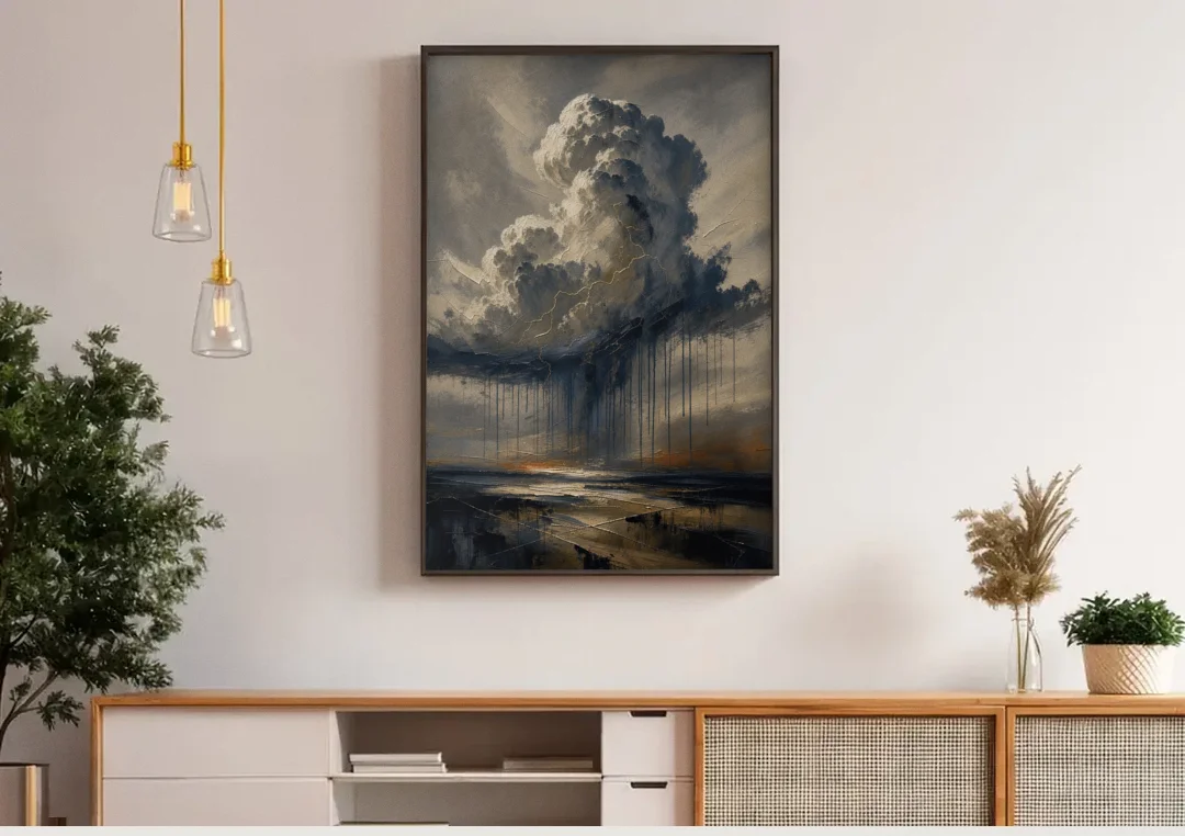 Moody Abstract Thunderhead with Bronze Vein for a Men's Office canvas wall art above a wooden sideboard under pendant lights