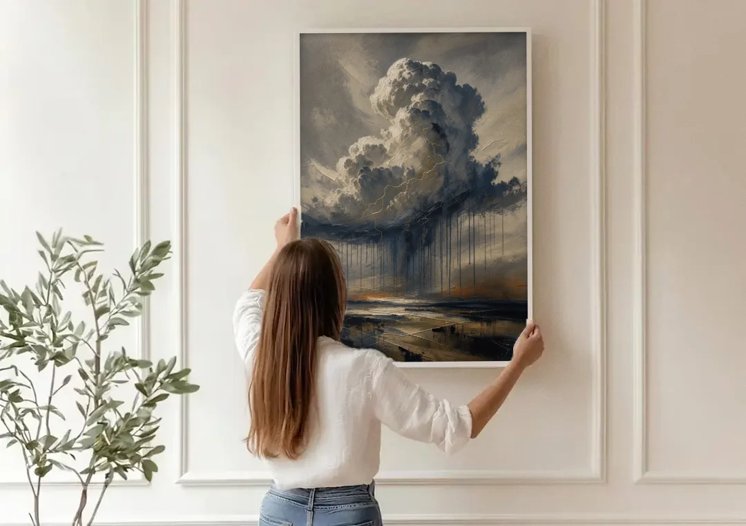 Moody Abstract Thunderhead with Bronze Vein for a Men's Office canvas wall art being hung on a paneled wall