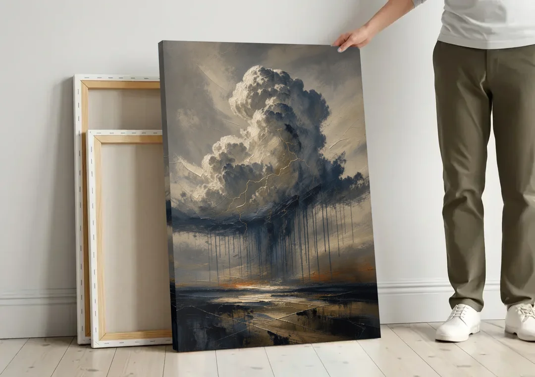 Moody Abstract Thunderhead with Bronze Vein for a Men's Office canvas wall art leaning against a wall next to blank canvases