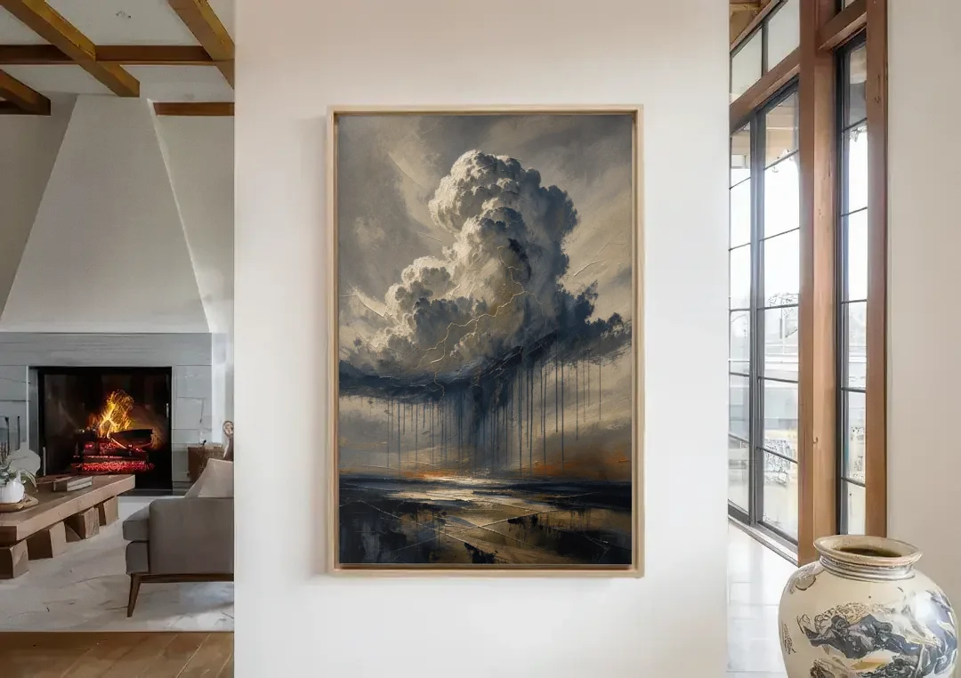 Moody Abstract Thunderhead with Bronze Vein for a Men's Office canvas wall art in a living room with a fireplace