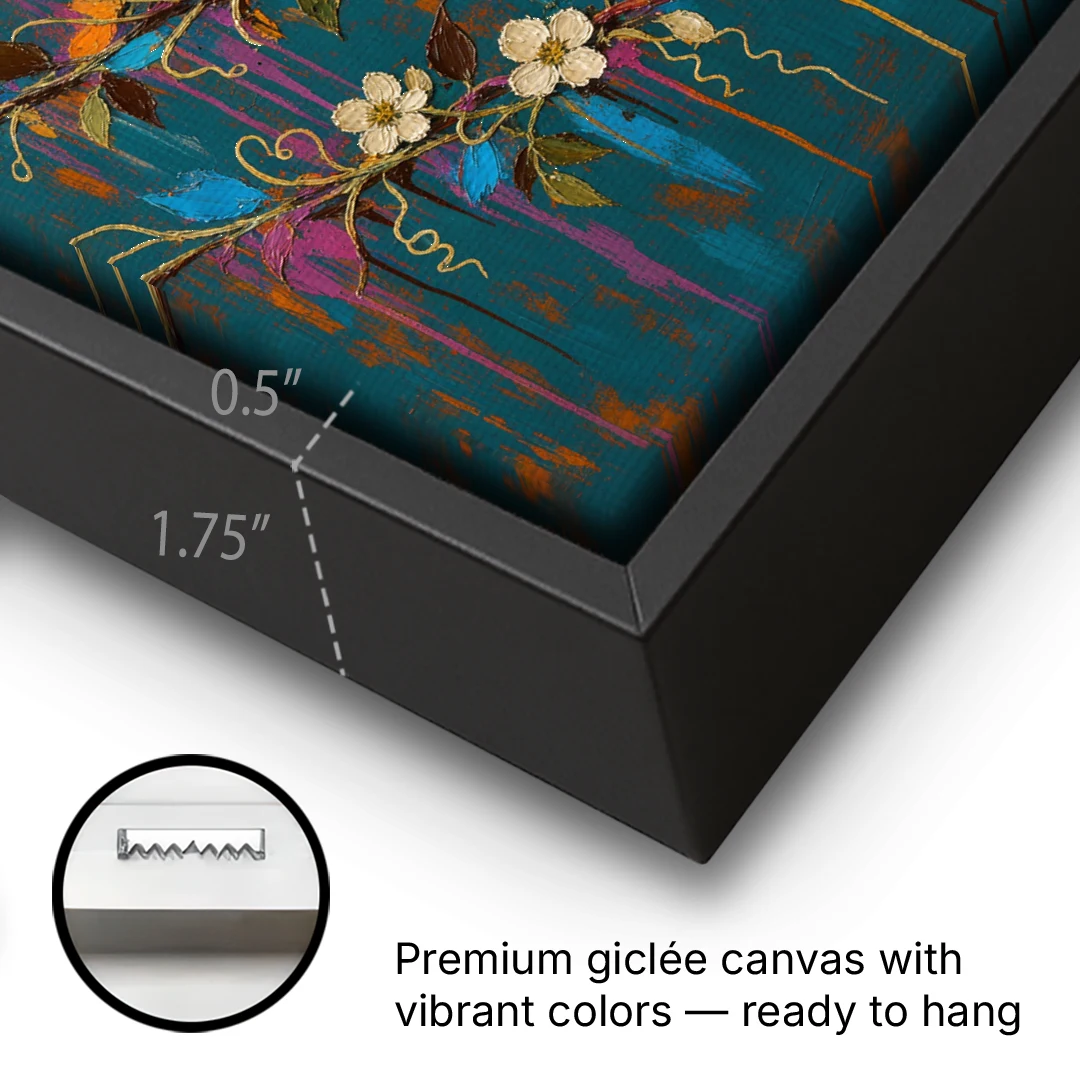 Moody Botanical Wall Art with Trailing Cream Blossoms - Black Framed Canvas Wall Art - Gallery Wrap Corner