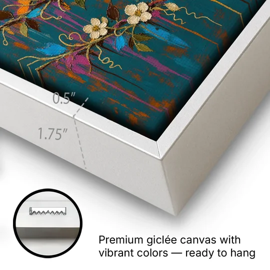 Moody Botanical Wall Art with Trailing Cream Blossoms - White Framed Canvas Wall Art - Gallery Wrap Corner