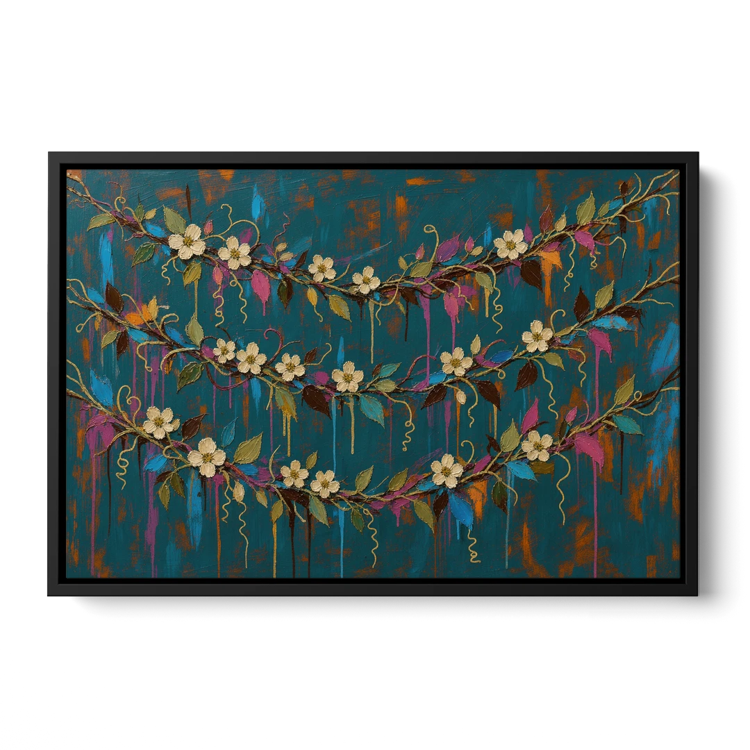 Moody Botanical Wall Art with Trailing Cream Blossoms - Black Framed Canvas Wall Art - Front