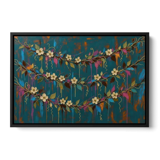 Moody Botanical Wall Art with Trailing Cream Blossoms - Black Framed Canvas Wall Art - Front