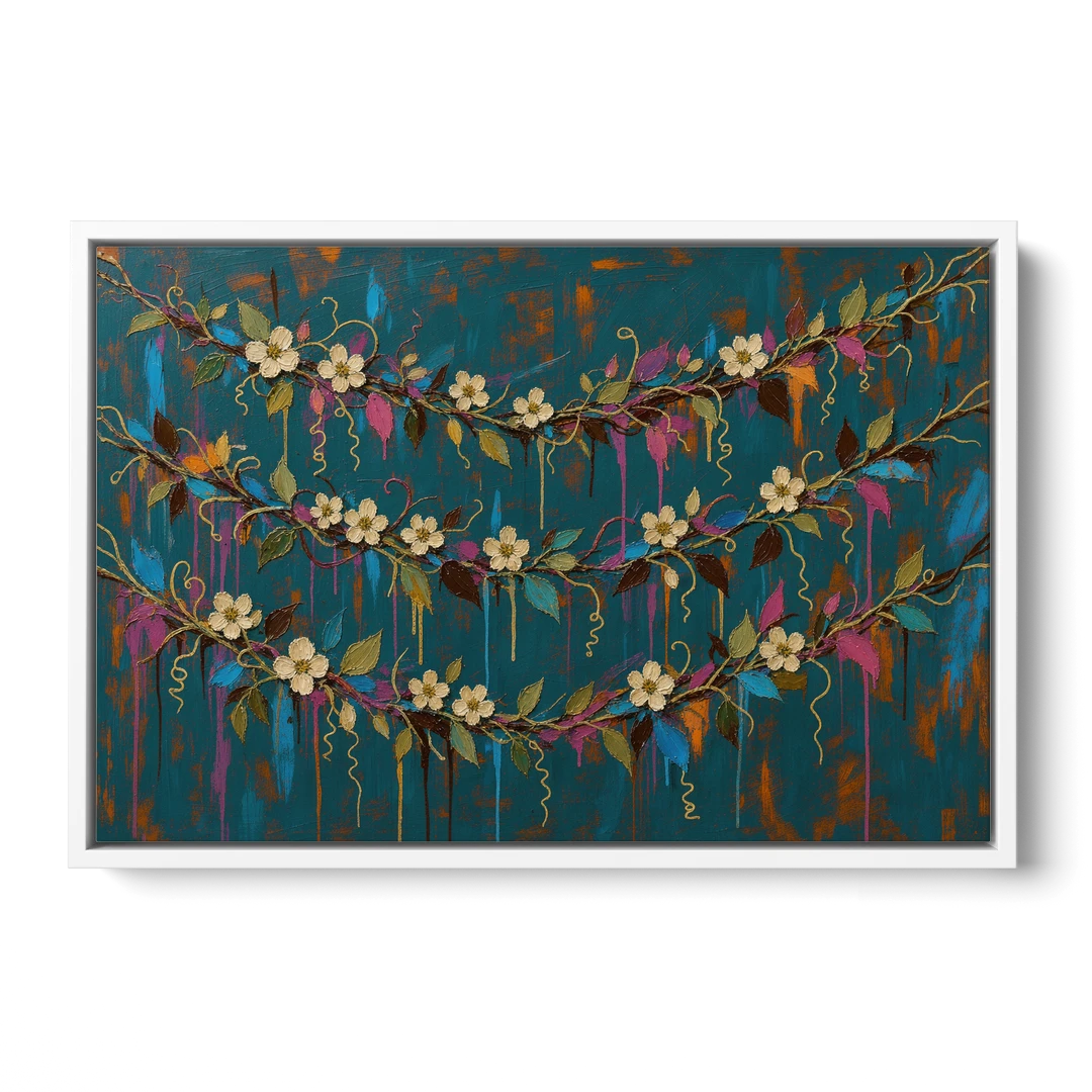 Moody Botanical Wall Art with Trailing Cream Blossoms - White Framed Canvas Wall Art - Front