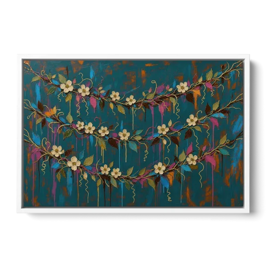 Moody Botanical Wall Art with Trailing Cream Blossoms - White Framed Canvas Wall Art - Front