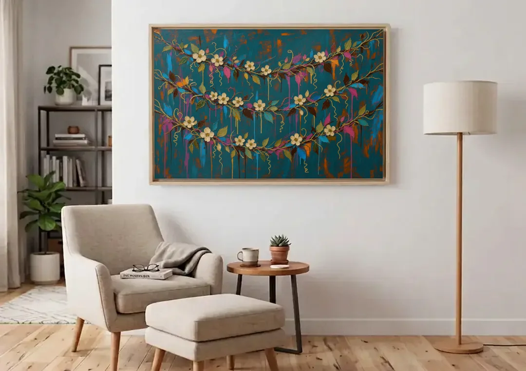 Moody Botanical Wall Art with Trailing Cream Blossoms canvas wall art above an armchair in a bright living room