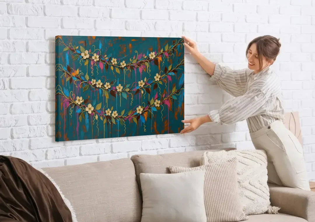 Moody Botanical Wall Art with Trailing Cream Blossoms canvas wall art being hung on a white brick wall above a sofa