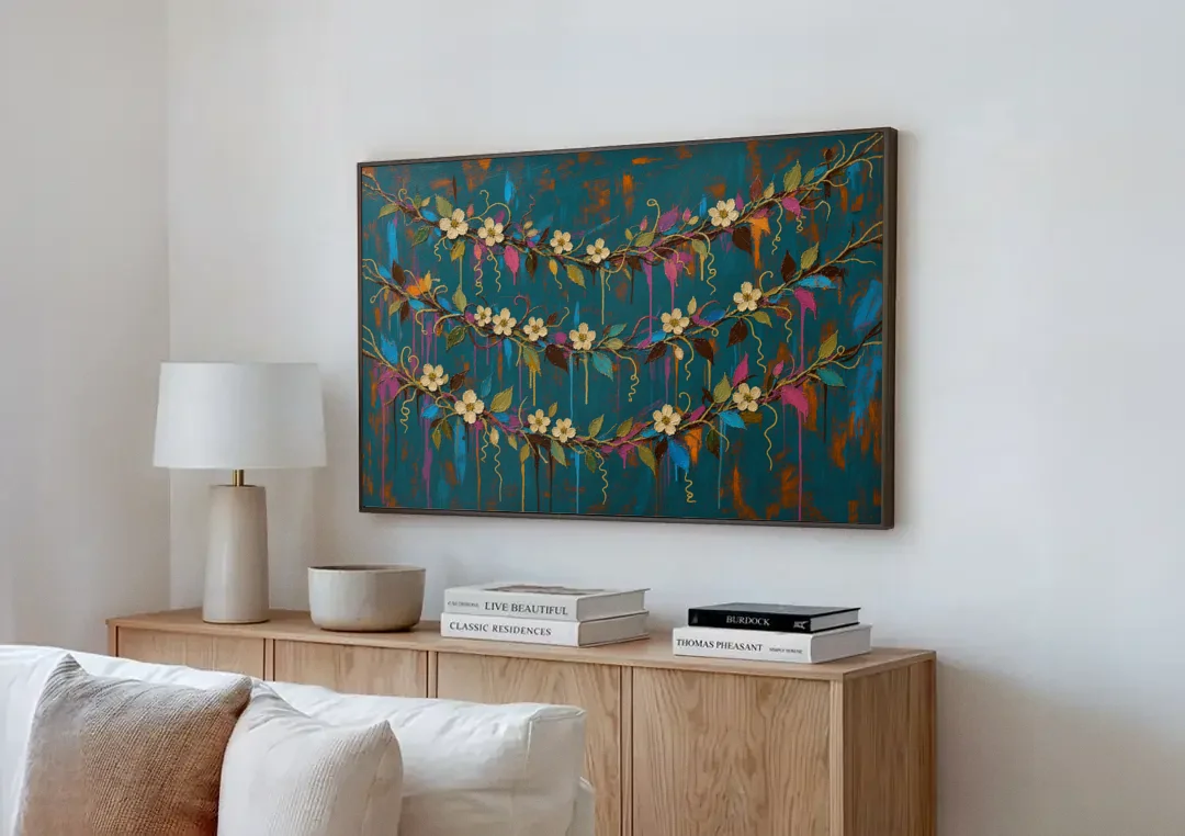 Moody Botanical Wall Art with Trailing Cream Blossoms canvas wall art above a wooden sideboard next to a sofa