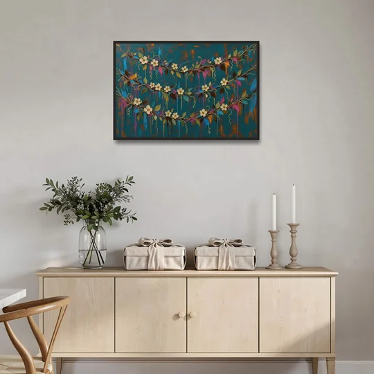 Moody Botanical Wall Art with Trailing Cream Blossoms - Black Framed Canvas Wall Art - Coffee Table - 36x24