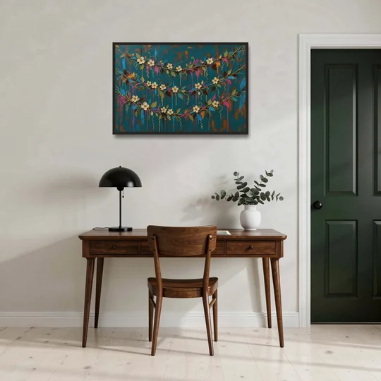 Moody Botanical Wall Art with Trailing Cream Blossoms - Black Framed Canvas Wall Art - Office - 36x24