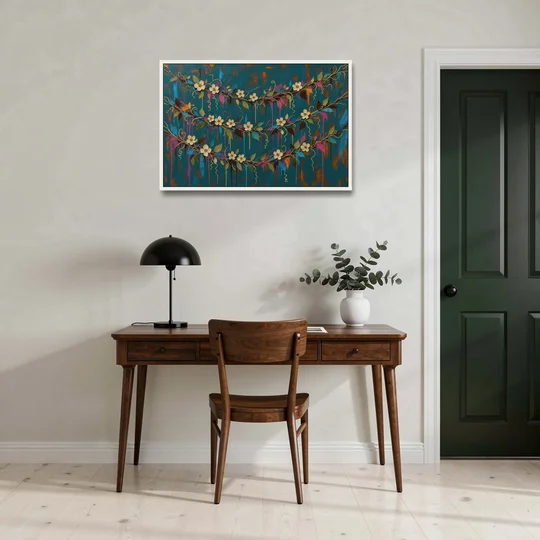 Moody Botanical Wall Art with Trailing Cream Blossoms - White Framed Canvas Wall Art - Office - 36x24