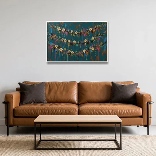 Moody Botanical Wall Art with Trailing Cream Blossoms - White Framed Canvas Wall Art - Sofa - 36x24