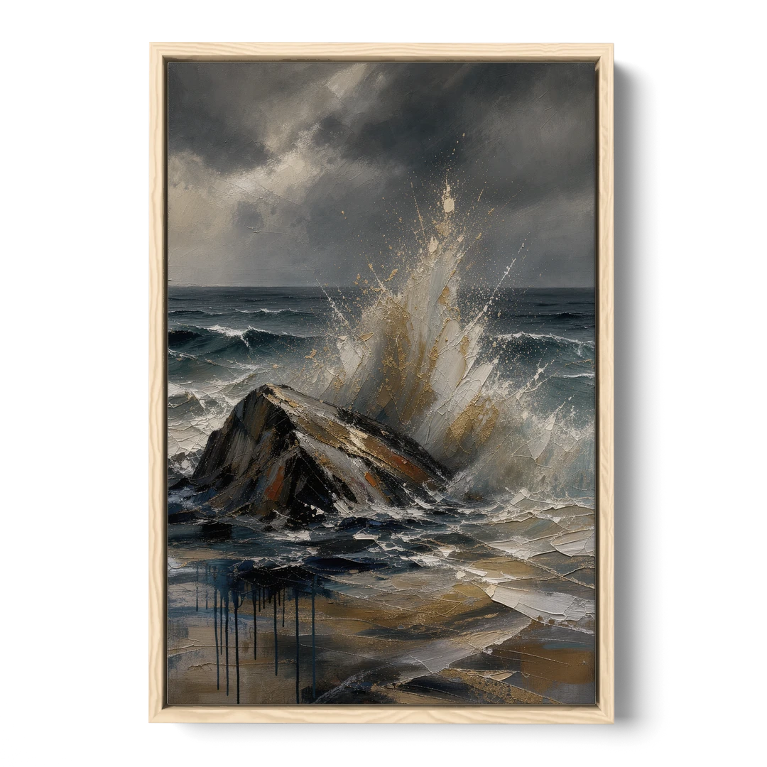 Moody Bronze Spray on Black Rock - Oak Framed Canvas Wall Art - Front
