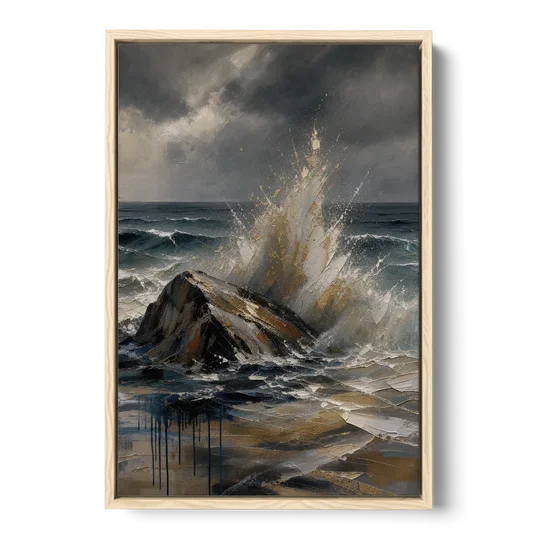 Moody Bronze Spray on Black Rock - Oak Framed Canvas Wall Art - Front