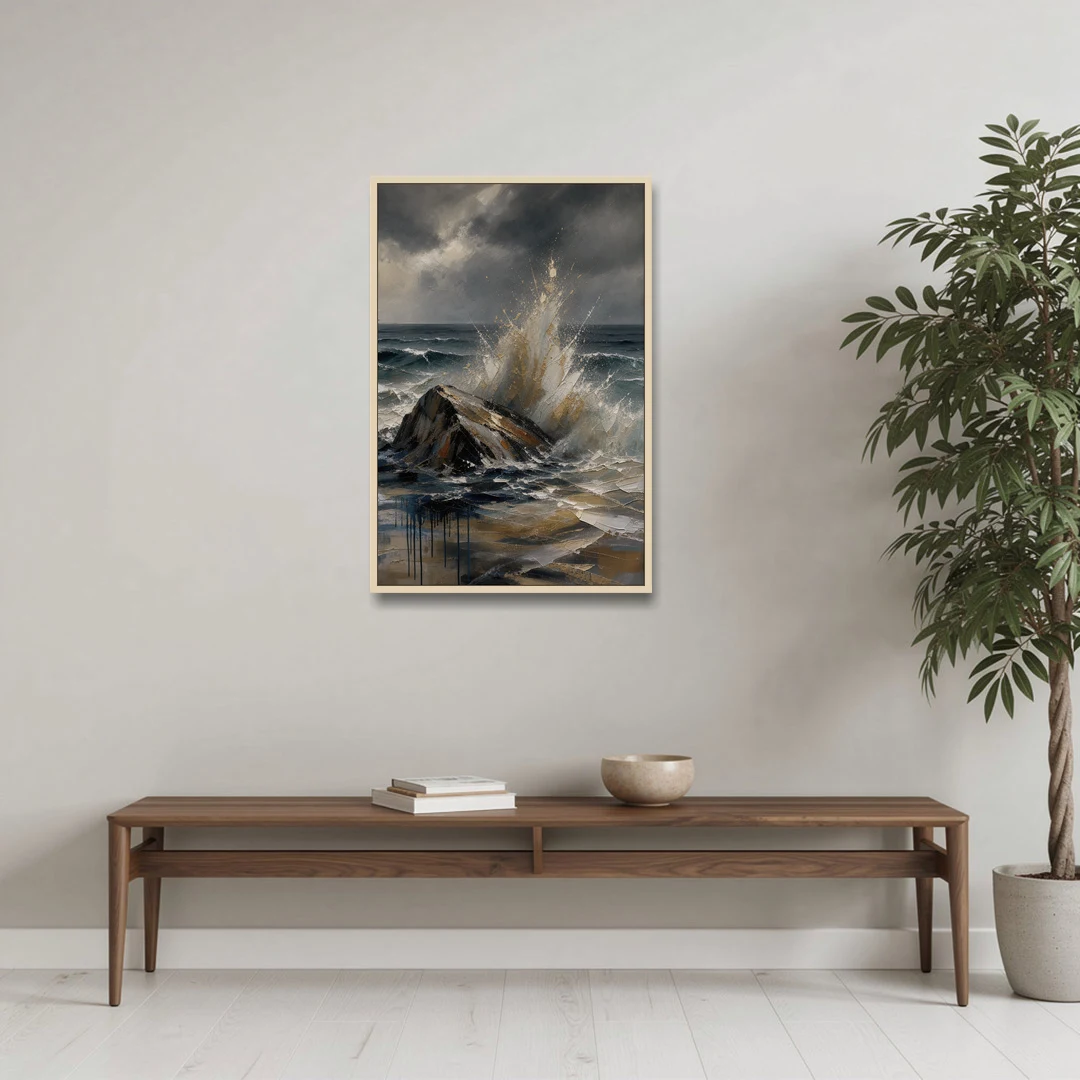 Moody Bronze Spray on Black Rock - Oak Framed Canvas Wall Art - Coffee Table - 24x36