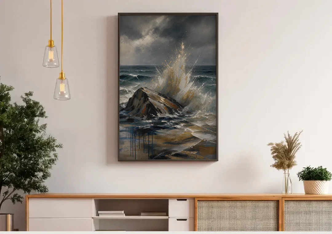 Moody Bronze Spray on Black Rock canvas wall art above a wooden sideboard under pendant lights