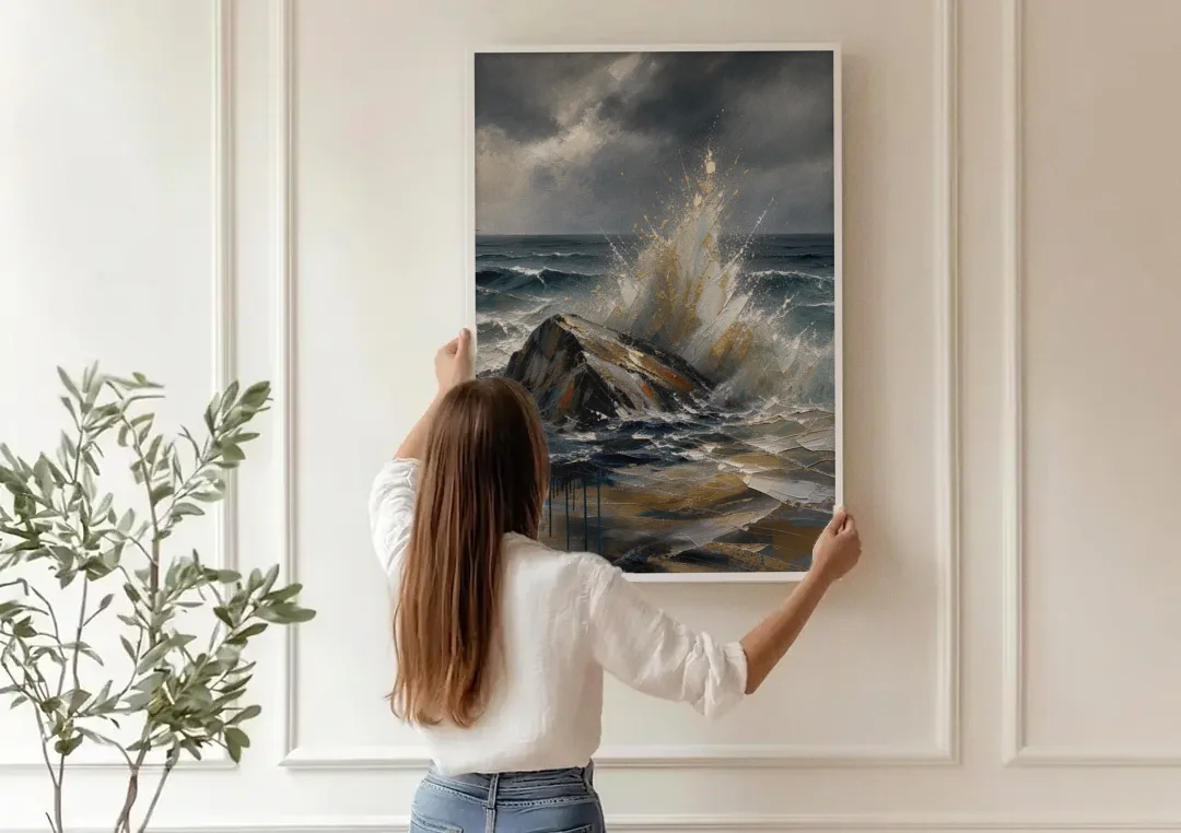 Moody Bronze Spray on Black Rock canvas wall art being hung on a paneled wall