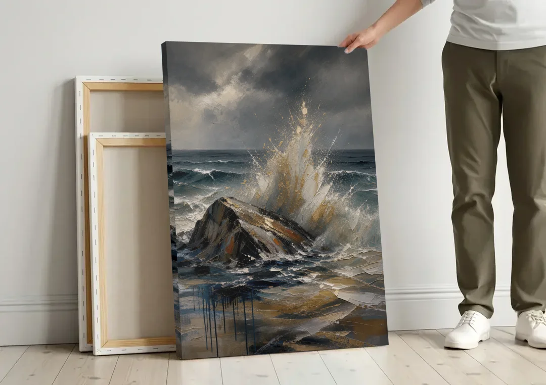 Moody Bronze Spray on Black Rock canvas wall art leaning against a wall next to blank canvases