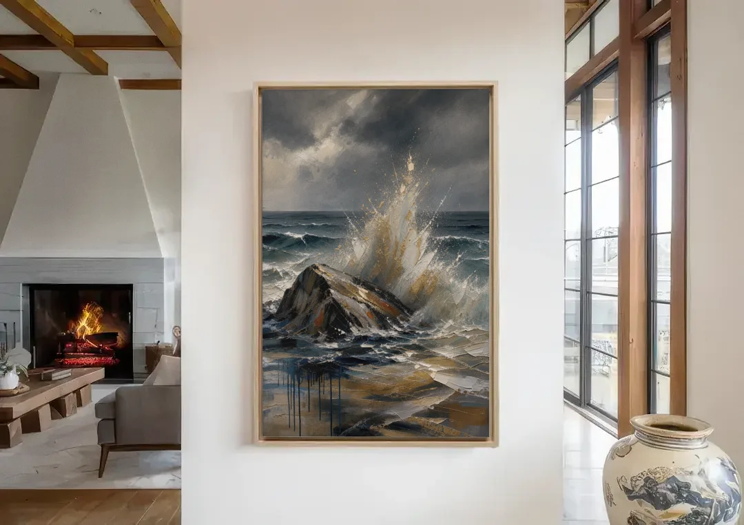 Moody Bronze Spray on Black Rock canvas wall art in a living room with a fireplace