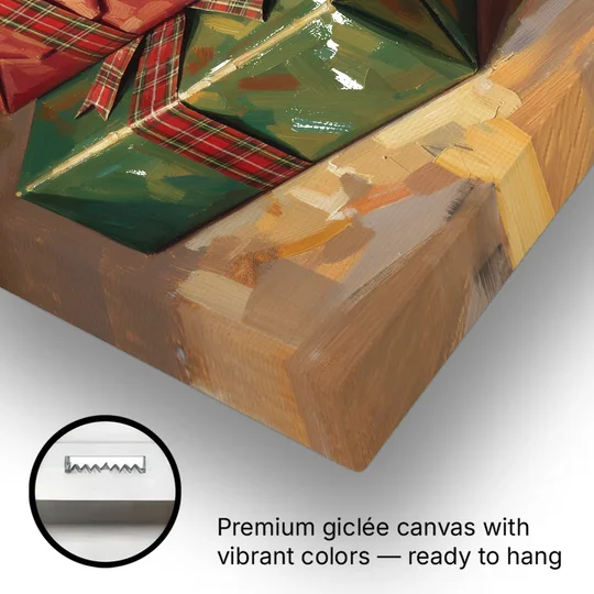 Moody Christmas Wall Art of Two Stacked Plaid Gifts - Canvas Wall Art - Gallery Wrap Corner