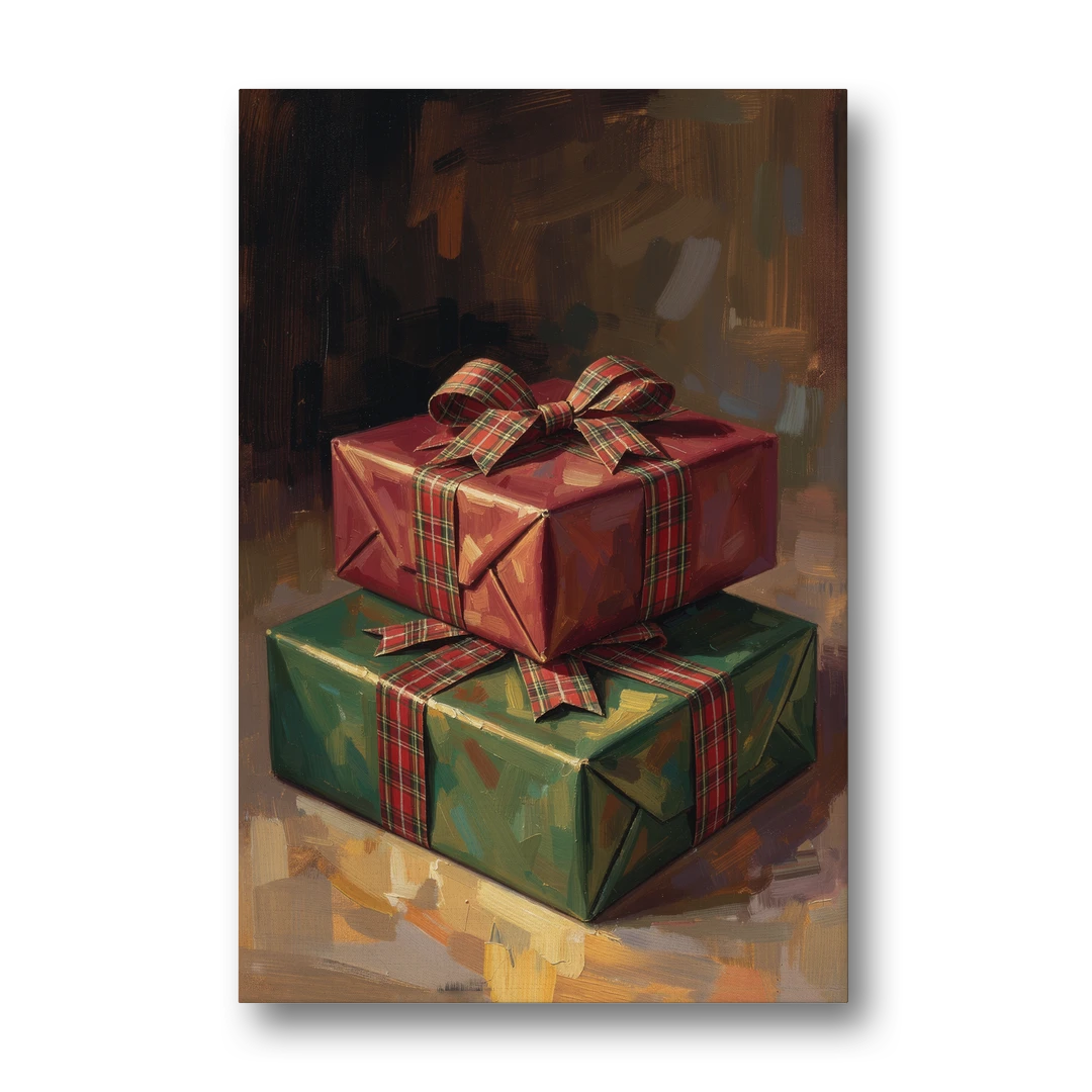 Moody Christmas Wall Art of Two Stacked Plaid Gifts - Canvas Wall Art - Front